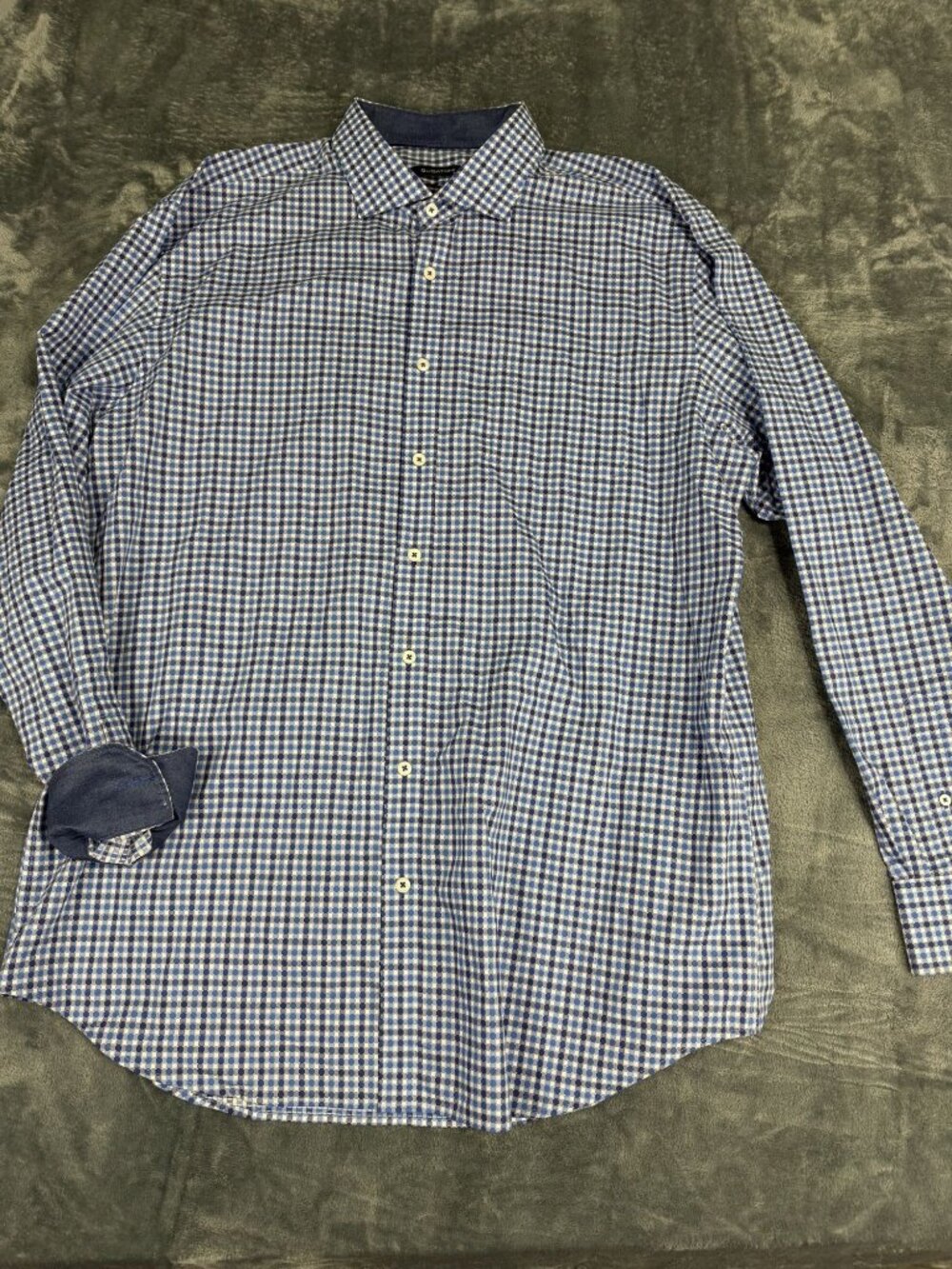 Bugatchi Mens Blue & White Checkered Long Sleeve Button-Down Shirt L